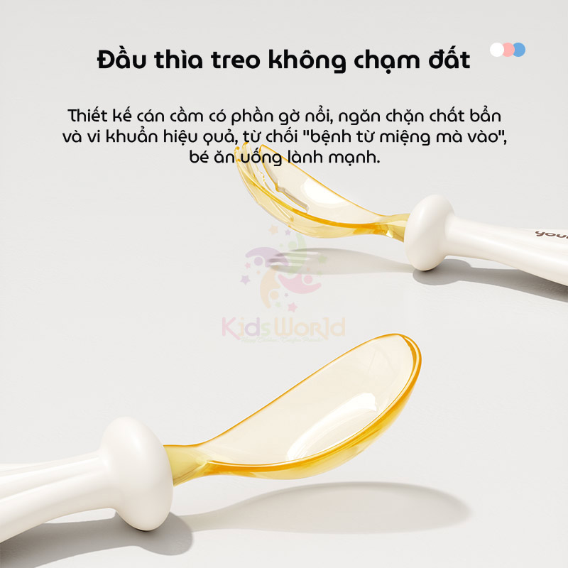 Bộ thìa nĩa cho bé ăn dặm hình thỏi vàng Youkebei đầu thìa làm từ nhựa PPSU cấp bình sữa, cán thìa bằng Silicone lỏng mềm mại