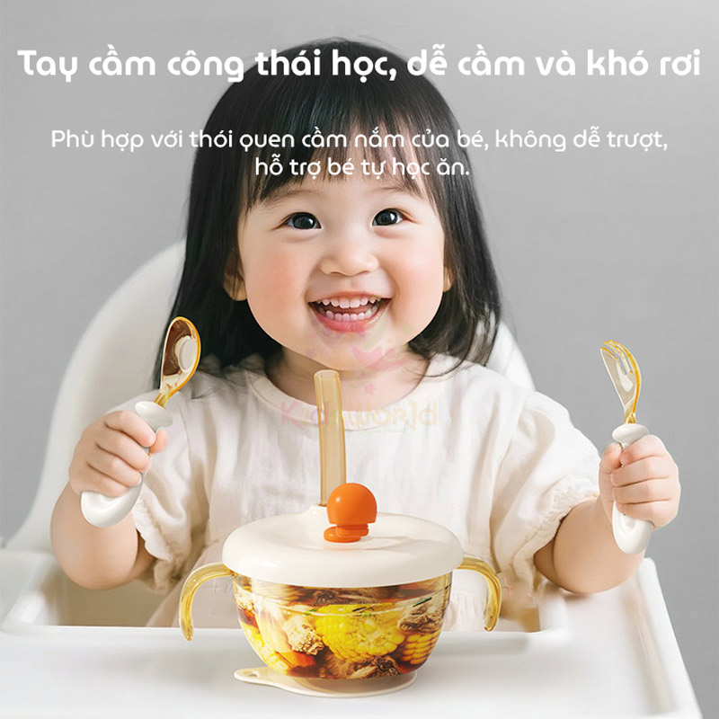 Bộ thìa nĩa cho bé ăn dặm hình thỏi vàng Youkebei đầu thìa làm từ nhựa PPSU cấp bình sữa, cán thìa bằng Silicone lỏng mềm mại