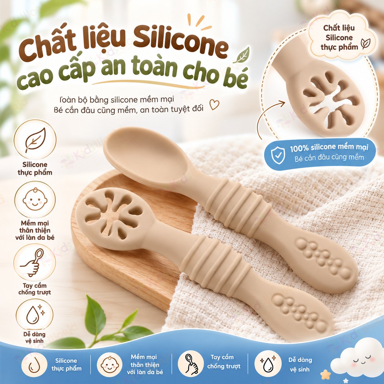 Bộ thìa silicon kết hợp gặm nướu cho bé ăn dặm tập ăn chống hóc, chống trơn, mềm êm, an toàn cho bé