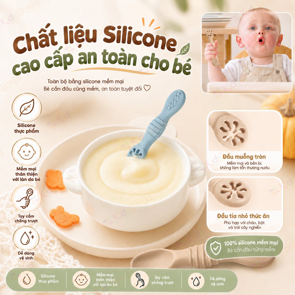 Bộ thìa silicon kết hợp gặm nướu cho bé ăn dặm tập ăn chống hóc, chống trơn, mềm êm, an toàn cho bé