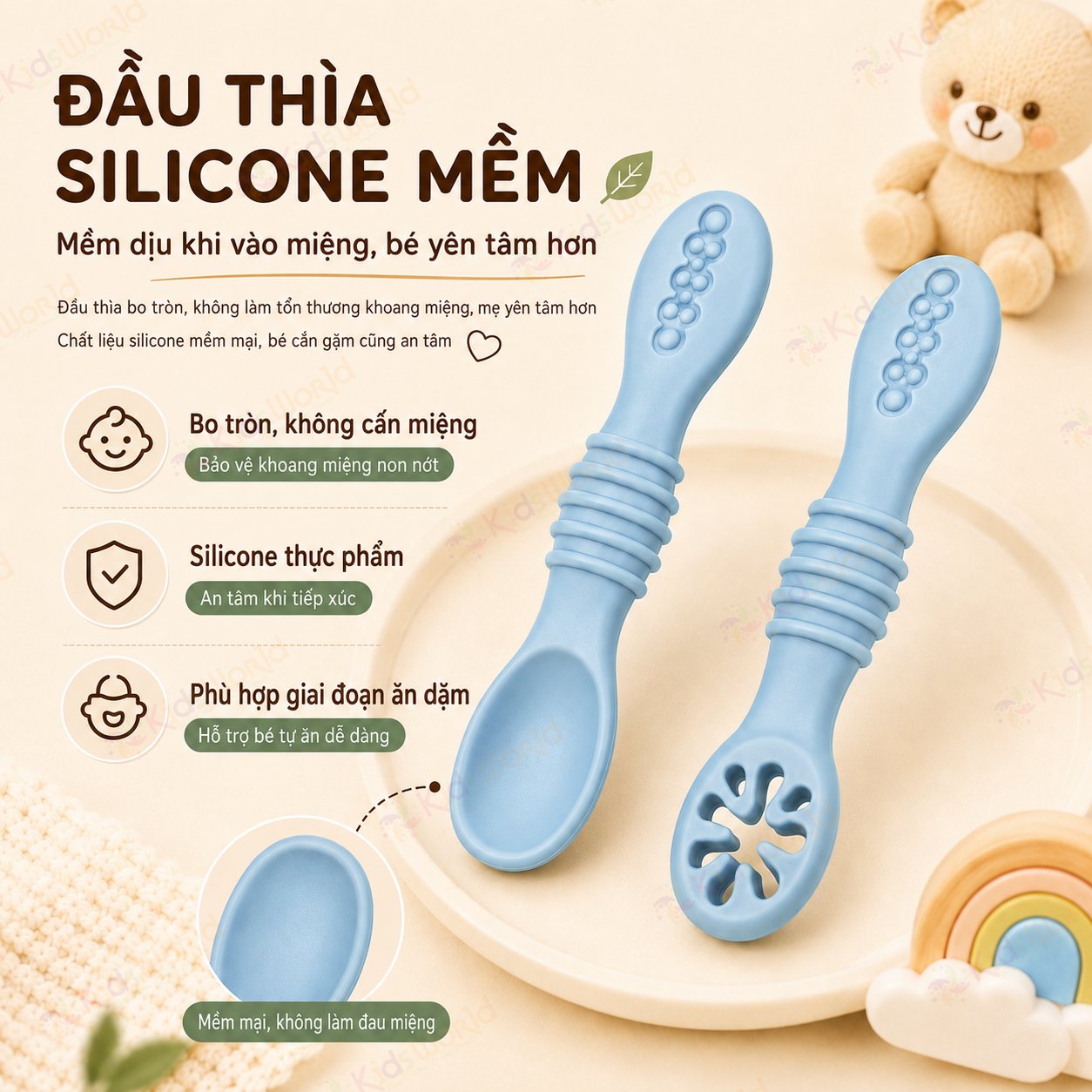 Bộ thìa silicon kết hợp gặm nướu cho bé ăn dặm tập ăn chống hóc, chống trơn, mềm êm, an toàn cho bé