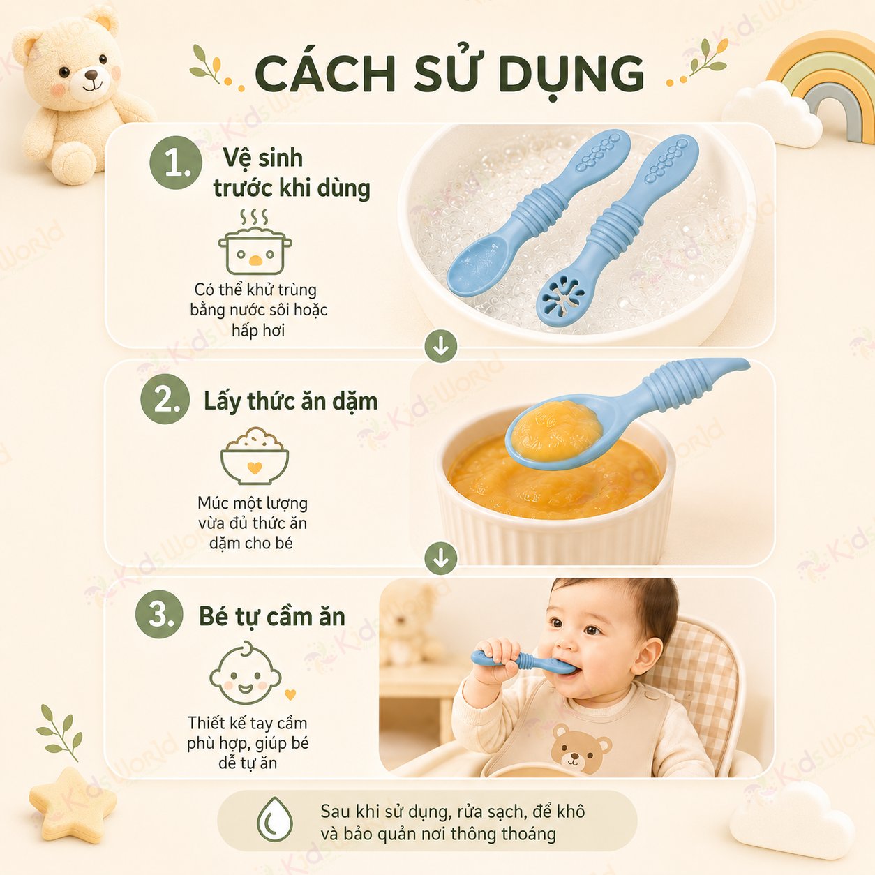 Bộ thìa silicon kết hợp gặm nướu cho bé ăn dặm tập ăn chống hóc, chống trơn, mềm êm, an toàn cho bé