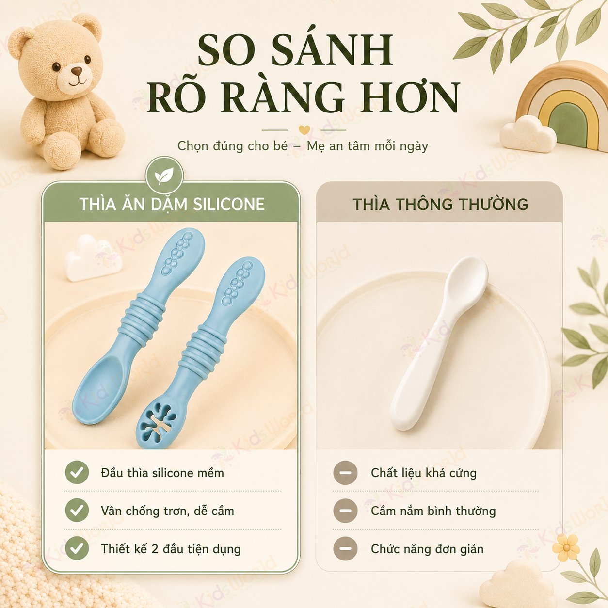 Bộ thìa silicon kết hợp gặm nướu cho bé ăn dặm tập ăn chống hóc, chống trơn, mềm êm, an toàn cho bé