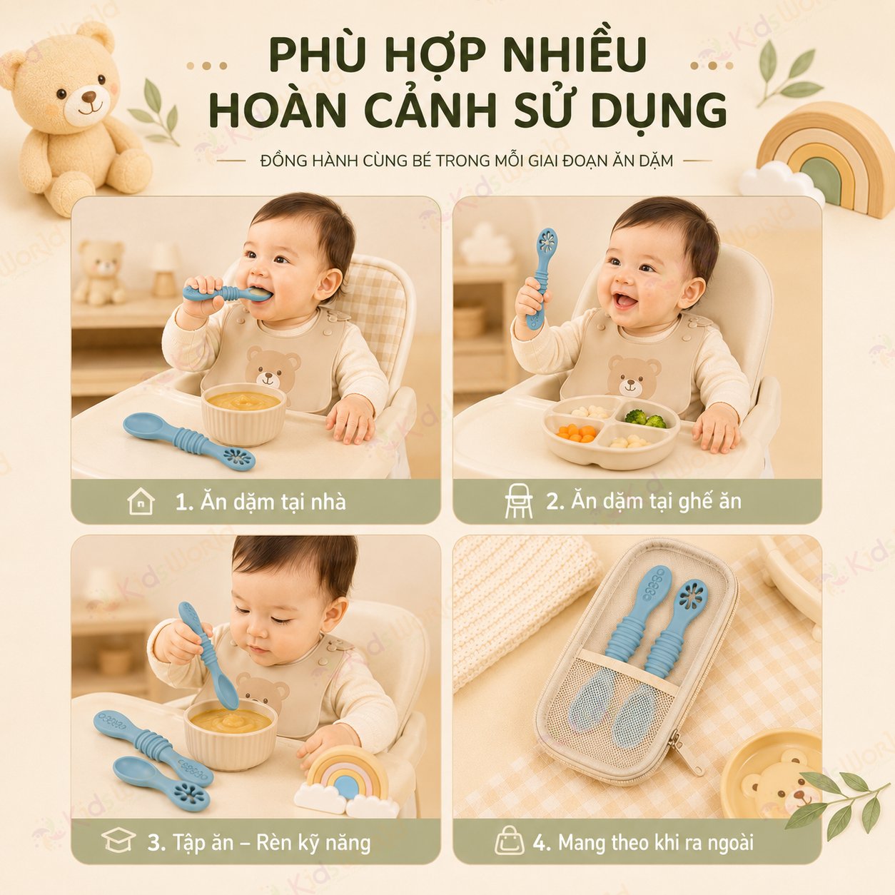 Bộ thìa silicon kết hợp gặm nướu cho bé ăn dặm tập ăn chống hóc, chống trơn, mềm êm, an toàn cho bé