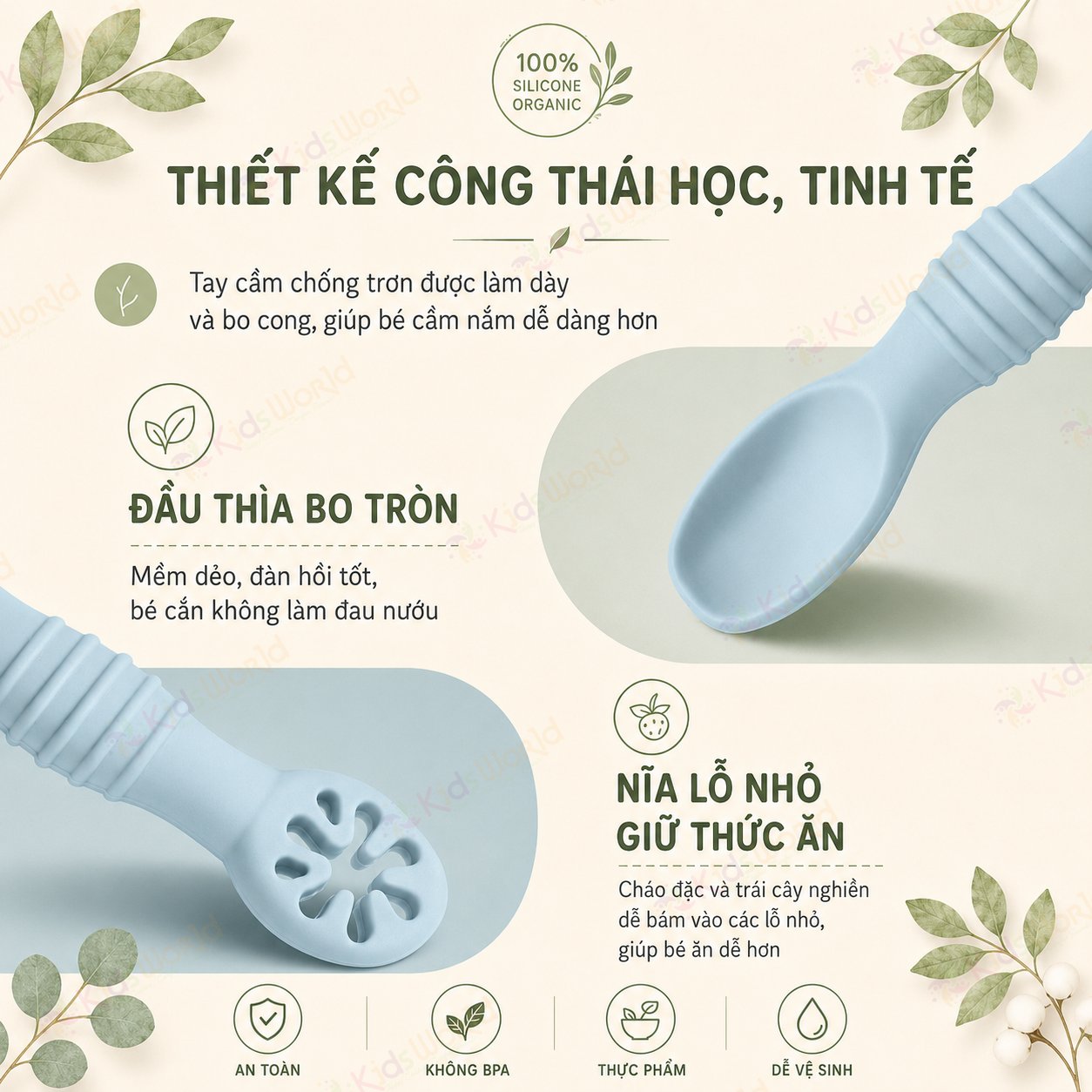 Bộ thìa silicon kết hợp gặm nướu cho bé ăn dặm tập ăn chống hóc, chống trơn, mềm êm, an toàn cho bé
