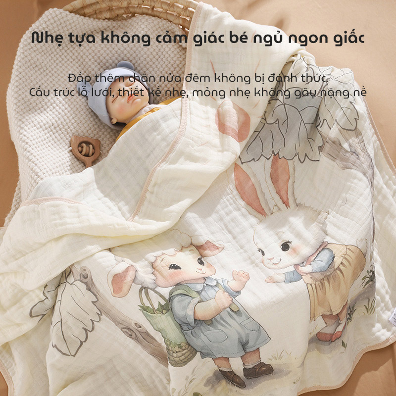 Chăn trẻ em hoạt hình Cotton nguyên chất 6 lớp kháng khuẩn mềm mại và thấm hút kích thước 105x110cm