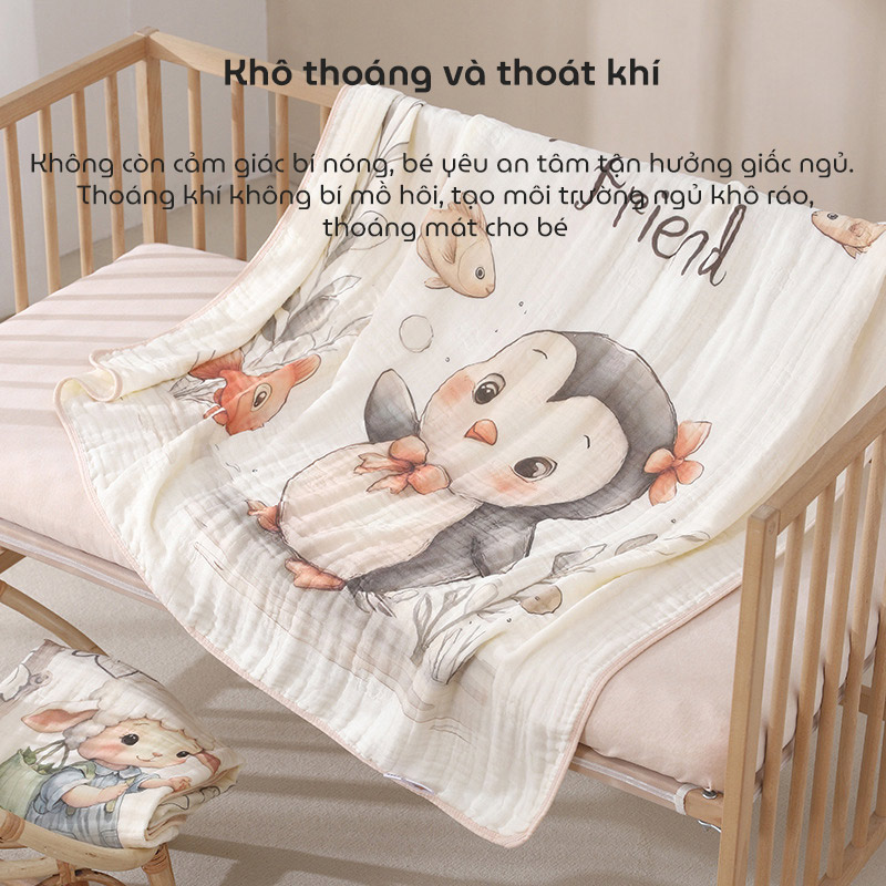 Chăn trẻ em hoạt hình Cotton nguyên chất 6 lớp kháng khuẩn mềm mại và thấm hút kích thước 105x110cm