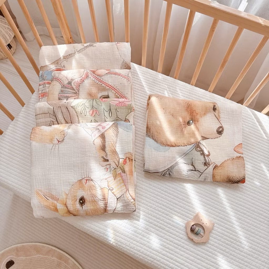 Chăn trẻ em hoạt hình Cotton nguyên chất 6 lớp kháng khuẩn mềm mại và thấm hút kích thước 105x110cm