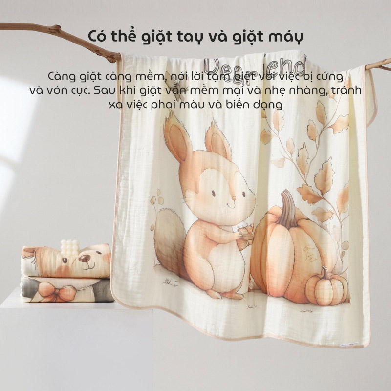 Chăn trẻ em hoạt hình Cotton nguyên chất 6 lớp kháng khuẩn mềm mại và thấm hút kích thước 105x110cm