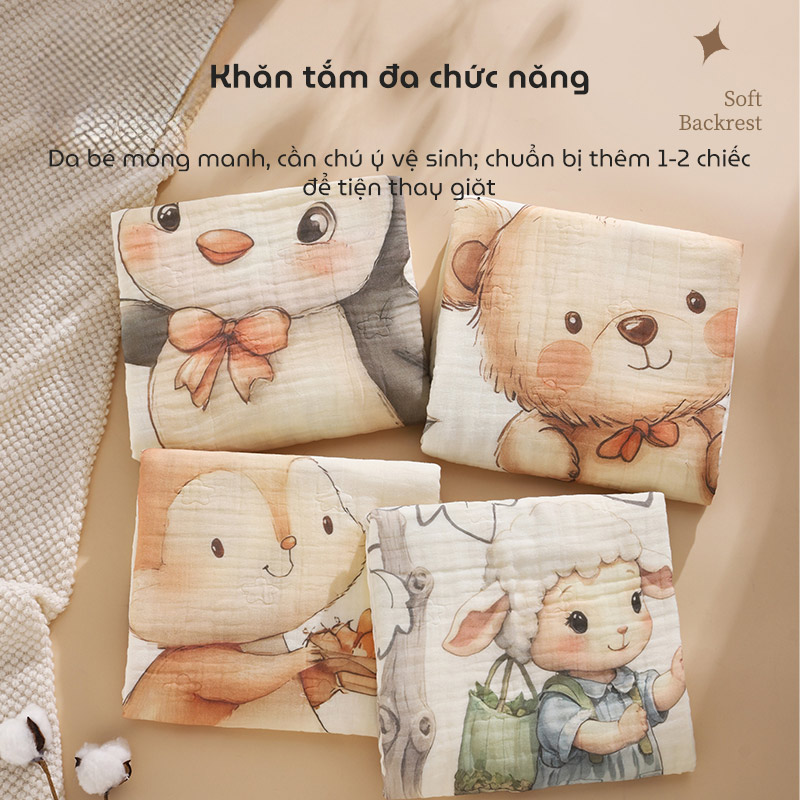 Chăn trẻ em hoạt hình Cotton nguyên chất 6 lớp kháng khuẩn mềm mại và thấm hút kích thước 105x110cm