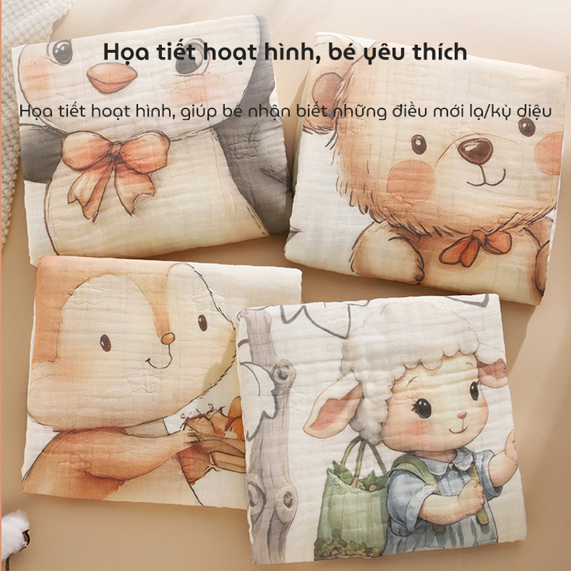 Chăn trẻ em hoạt hình Cotton nguyên chất 6 lớp kháng khuẩn mềm mại và thấm hút kích thước 105x110cm