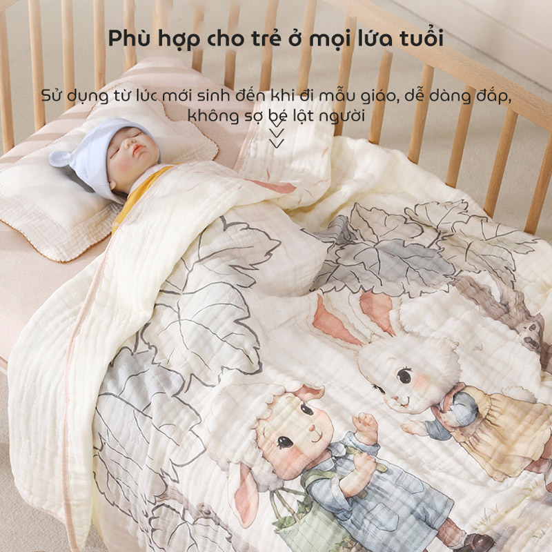 Chăn trẻ em hoạt hình Cotton nguyên chất 6 lớp kháng khuẩn mềm mại và thấm hút kích thước 105x110cm