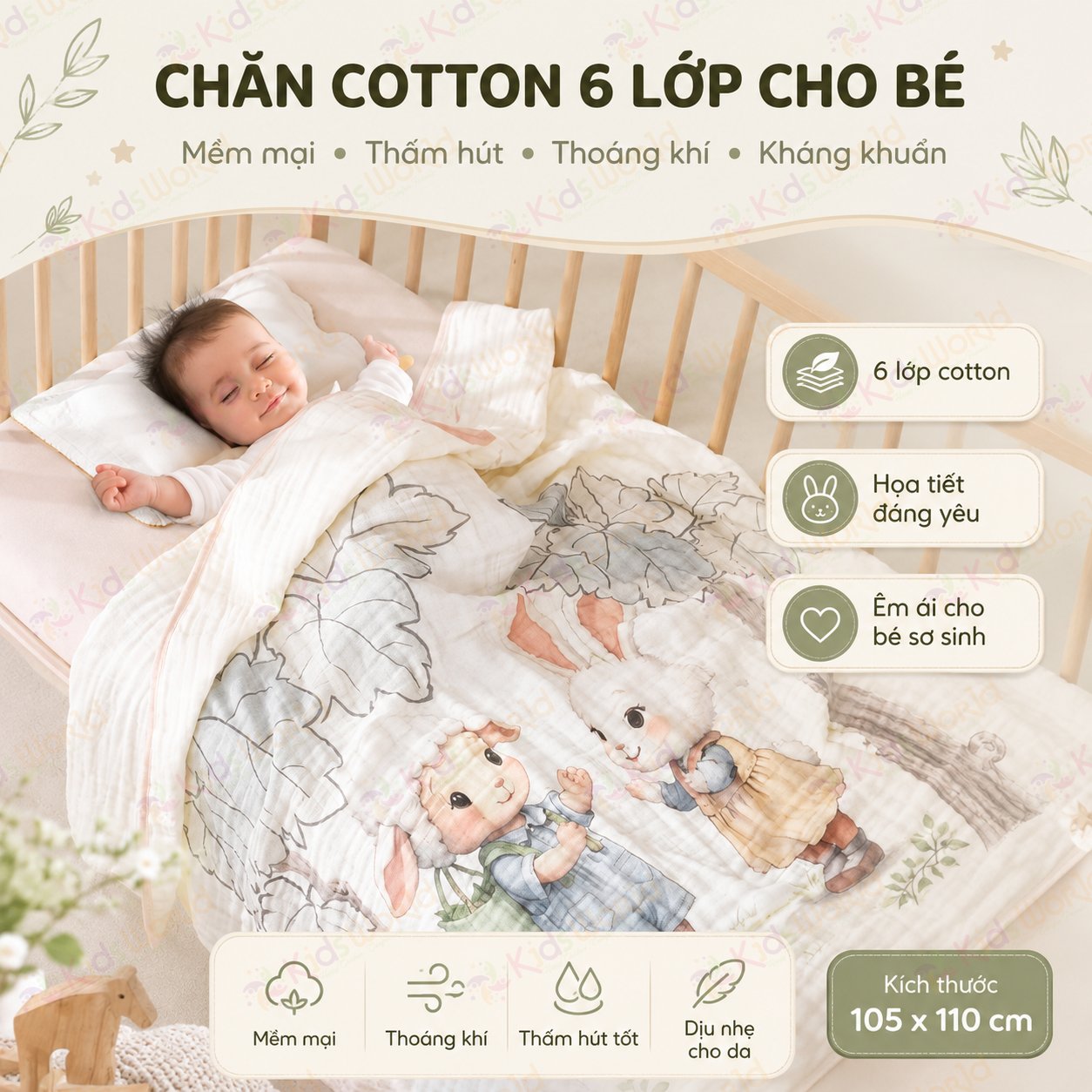 Chăn cho bé hoạ tiết hoạt hình Cotton nguyên chất 6 lớp kháng khuẩn mềm mại và thấm hút kích thước 105x110cm