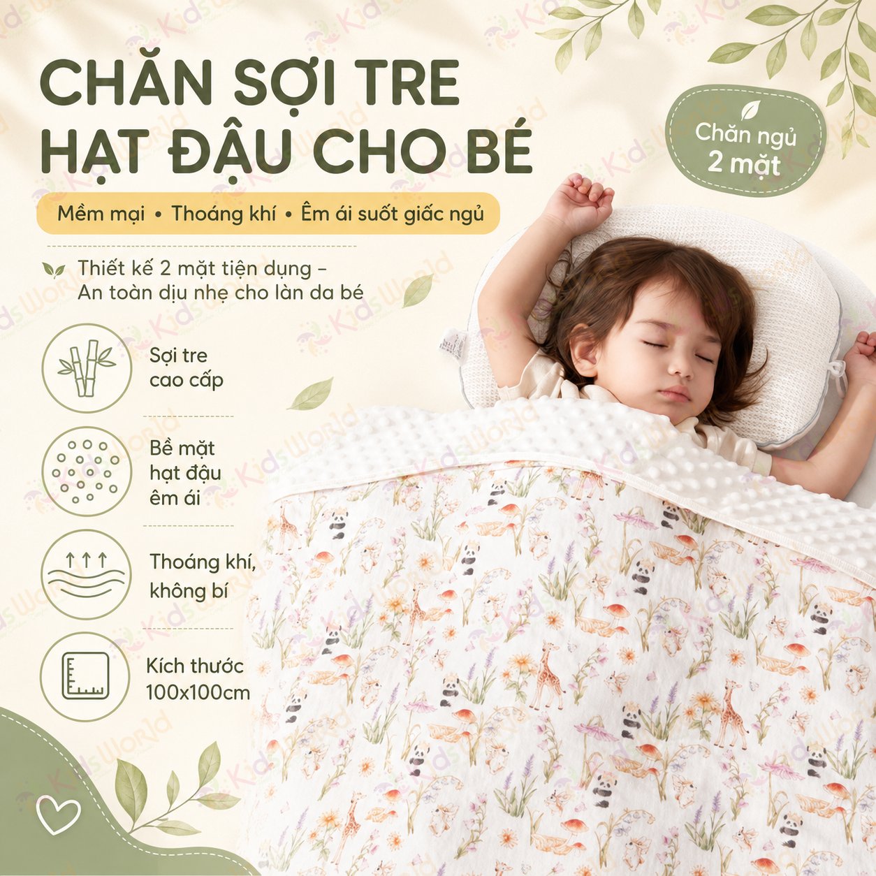 Chăn cho bé sợi tre hạt đậu thiết kế hai mặt tiện dụng và chất liệu cao cấp mềm mại, thoáng khí và an toàn tuyệt đối kích thước 100x100cm