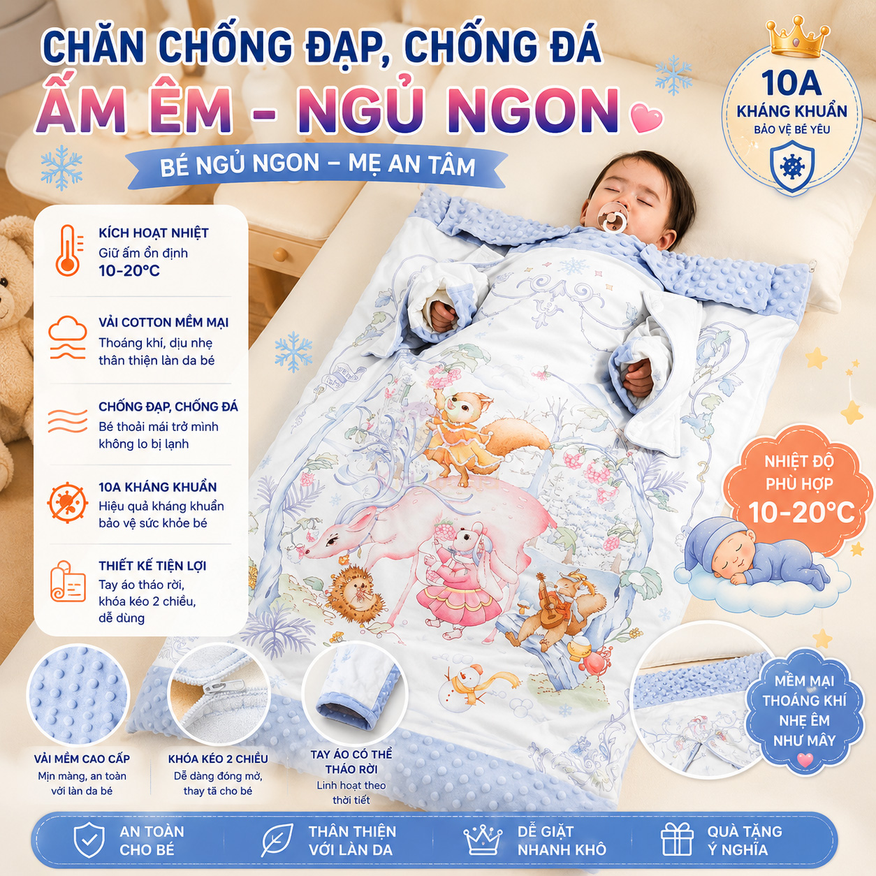 Chăn ngủ chống đạp cho bé hoạ tiết cổ tích dễ thương đa năng tháo rời, siêu mềm mại, giữ ấm hiệu quả kích thước 150x150cm