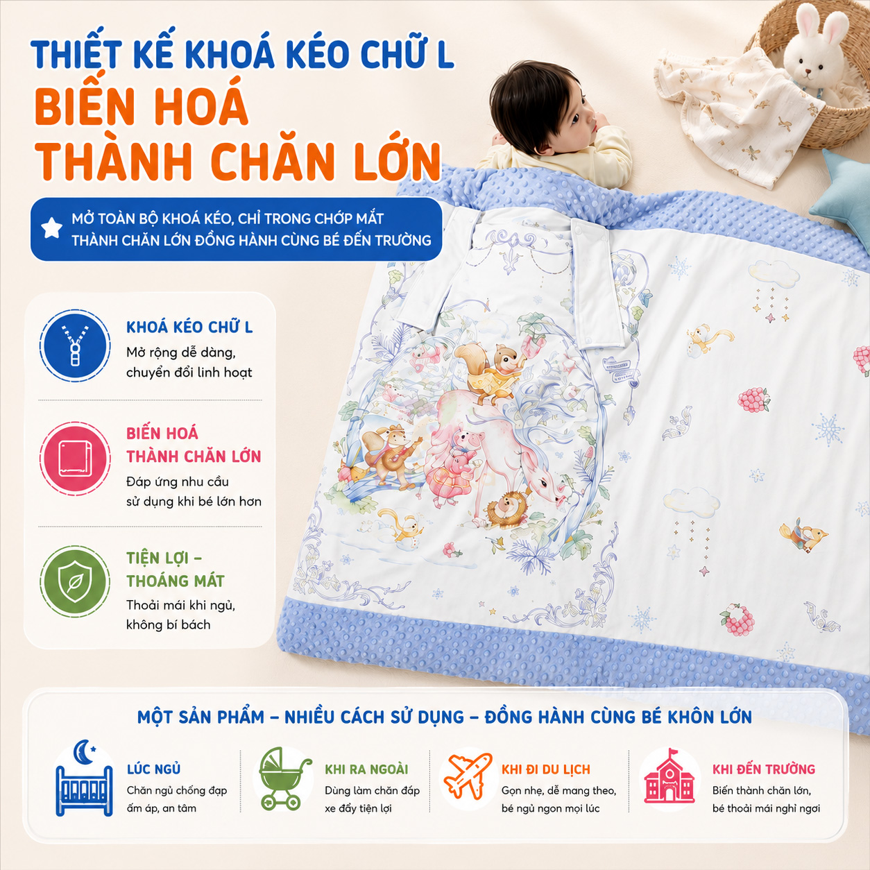 Chăn ngủ chống đạp cho bé hoạ tiết cổ tích dễ thương đa năng tháo rời, siêu mềm mại, giữ ấm hiệu quả kích thước 150x150cm