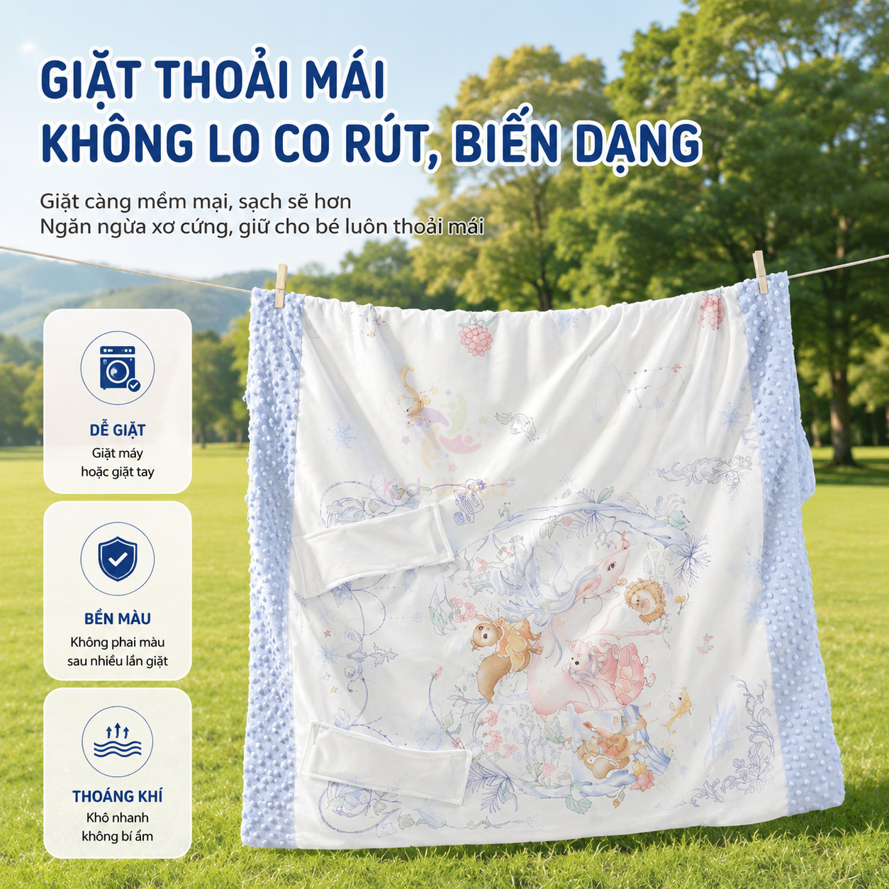 Chăn ngủ chống đạp cho bé hoạ tiết cổ tích dễ thương đa năng tháo rời, siêu mềm mại, giữ ấm hiệu quả kích thước 150x150cm