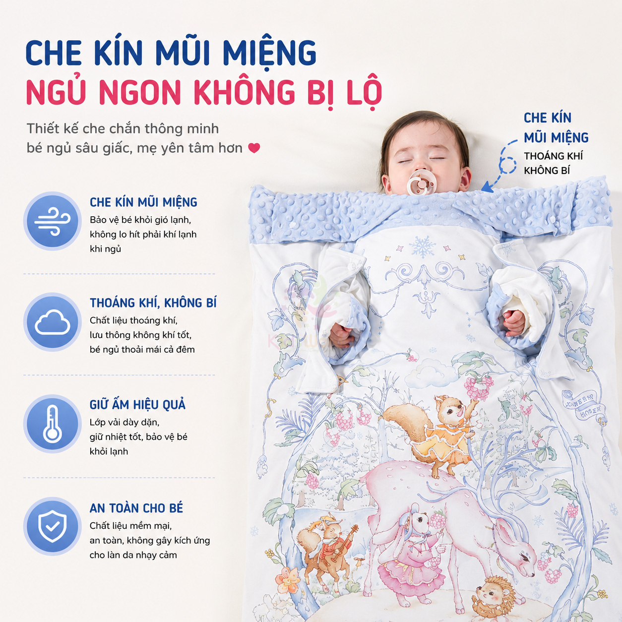 Chăn ngủ chống đạp cho bé hoạ tiết cổ tích dễ thương đa năng tháo rời, siêu mềm mại, giữ ấm hiệu quả kích thước 150x150cm