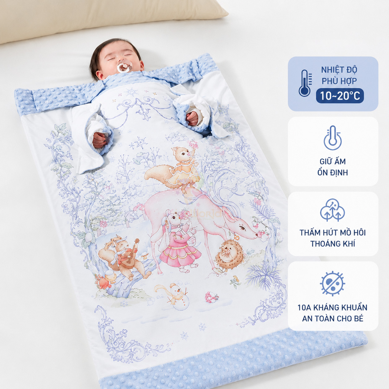 Chăn ngủ chống đạp cho bé hoạ tiết cổ tích dễ thương đa năng tháo rời, siêu mềm mại, giữ ấm hiệu quả kích thước 150x150cm
