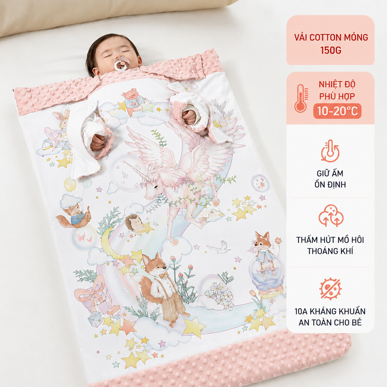 Chăn ngủ chống đạp cho bé hoạ tiết cổ tích dễ thương đa năng tháo rời, siêu mềm mại, giữ ấm hiệu quả kích thước 150x150cm