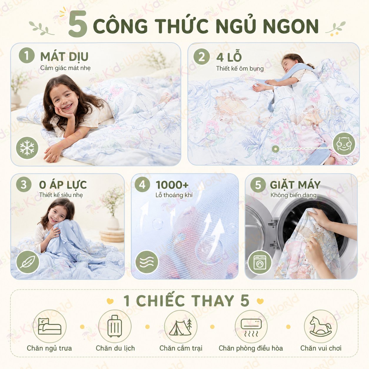 Chăn ngủ chống đạp cho bé hoạ tiết cổ tích siêu mềm mại, thoáng khí, mát dịu, giữ ấm khi ngủ điều hòa kích thước 150x150cm