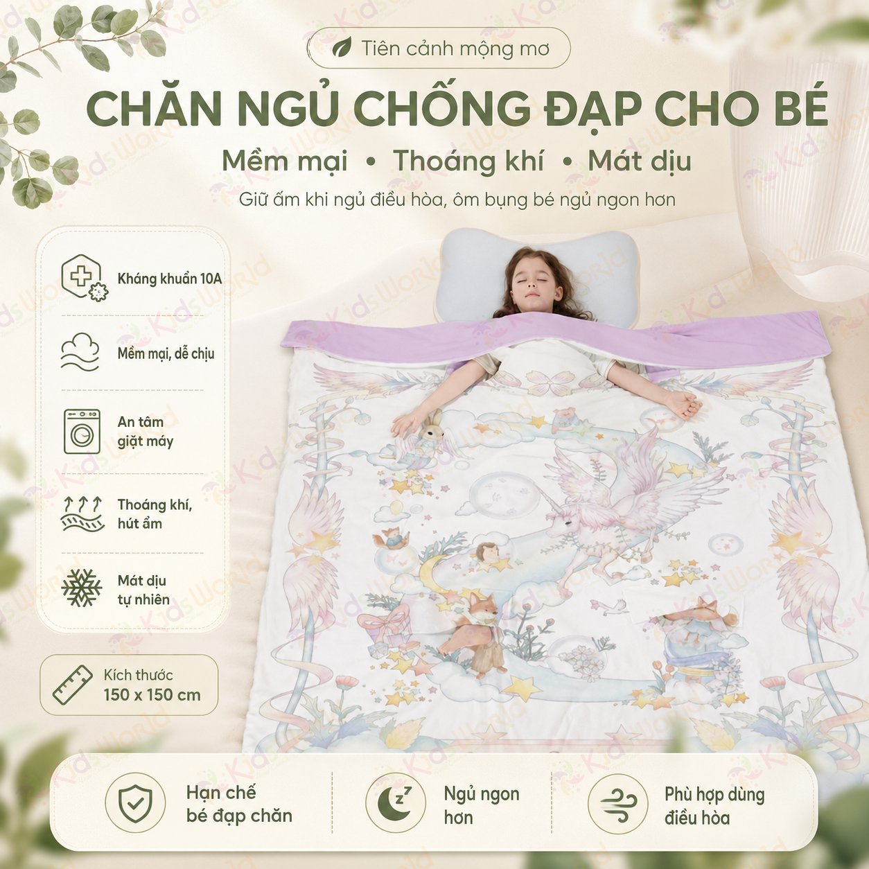 Chăn ngủ chống đạp cho bé hoạ tiết cổ tích siêu mềm mại, thoáng khí, mát dịu, giữ ấm khi ngủ điều hòa kích thước 150x150cm
