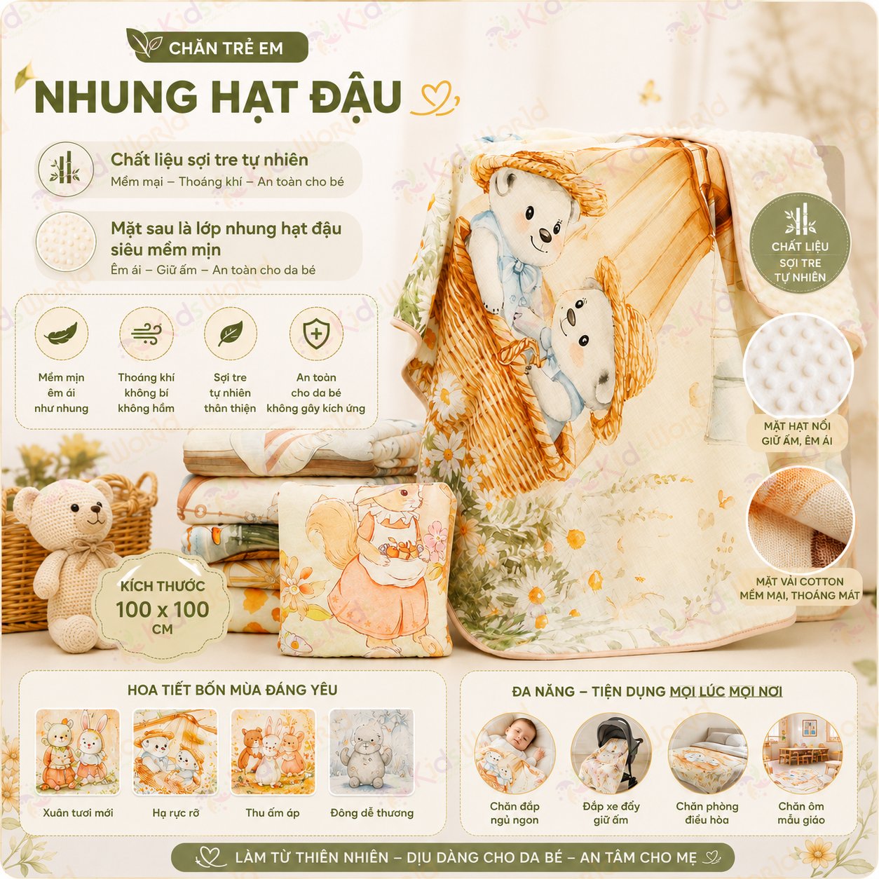 Chăn trẻ em nhung hạt đậu Zoubu Doudou mềm mại thoáng khí hoạ tiết hoạt hình bốn mùa điều hoà không khí chăn ôm mẫu giáo kích thước 100x100cm
