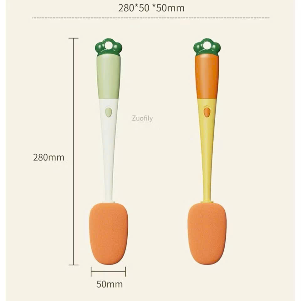 Dụng cụ cọ rửa bình sữa 3in1 hình Carot cán dài chất liệu nhựa ABS, mút bọt biển cao cấp, đầu cọ silicone