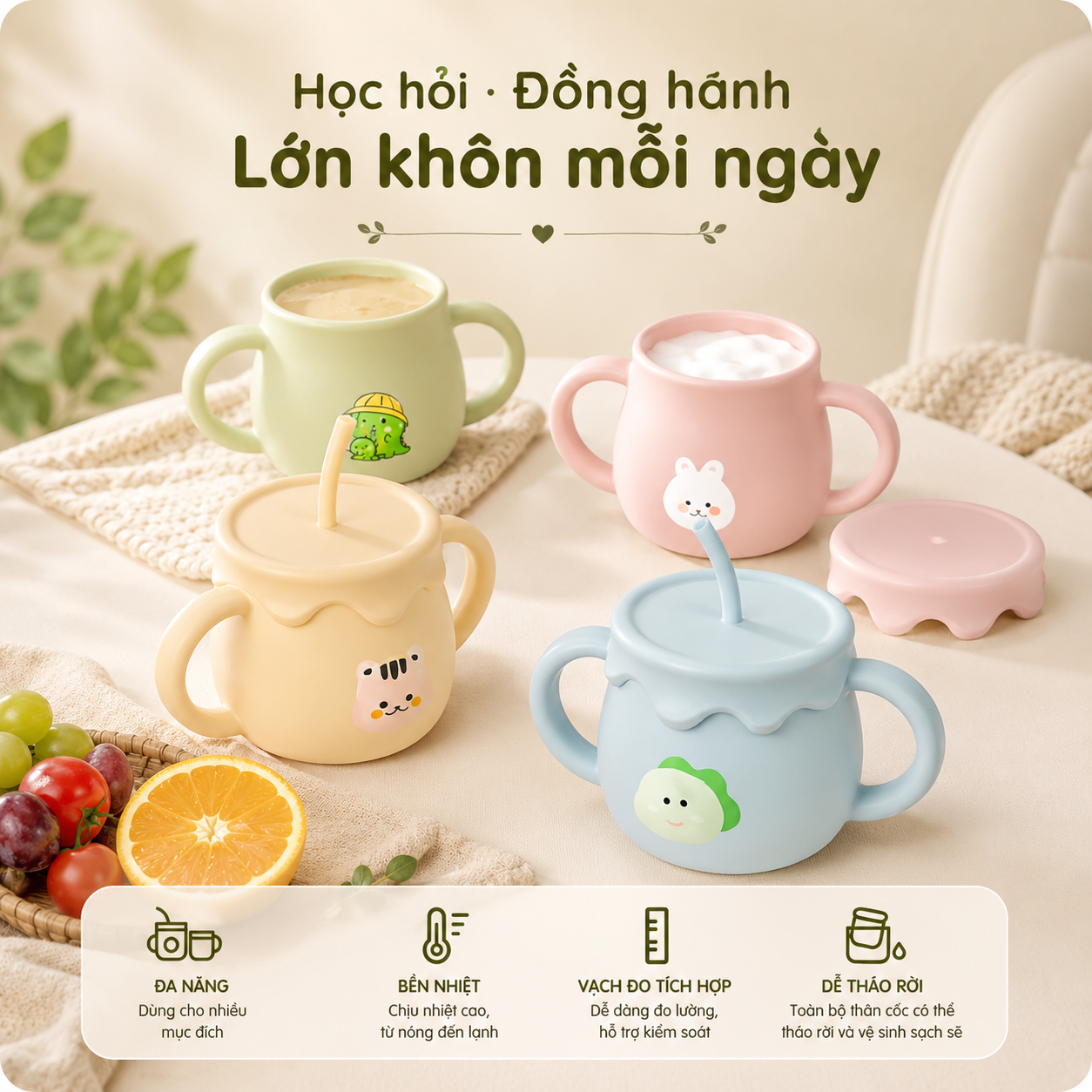 Cốc tập hút, cốc tập uống nước bằng silicon cho bé KidsWorld có chức năng đẩy nắp đậy tiện lợi dung tích 250ml