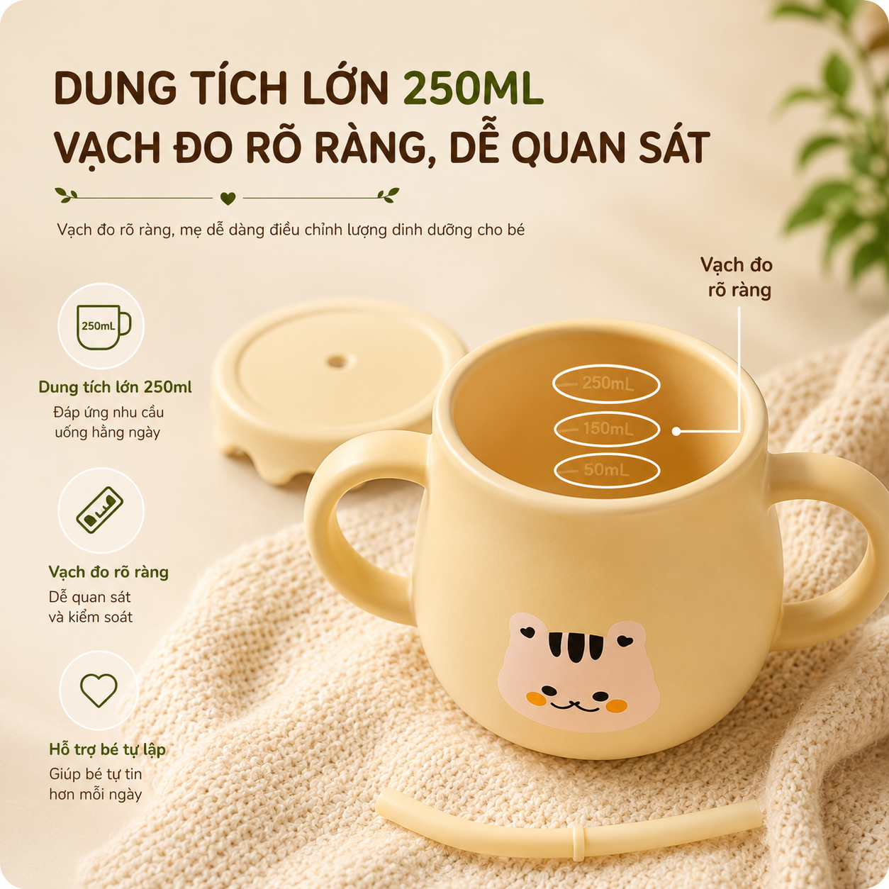 Cốc tập hút, cốc tập uống nước bằng silicon cho bé KidsWorld có chức năng đẩy nắp đậy tiện lợi dung tích 250ml