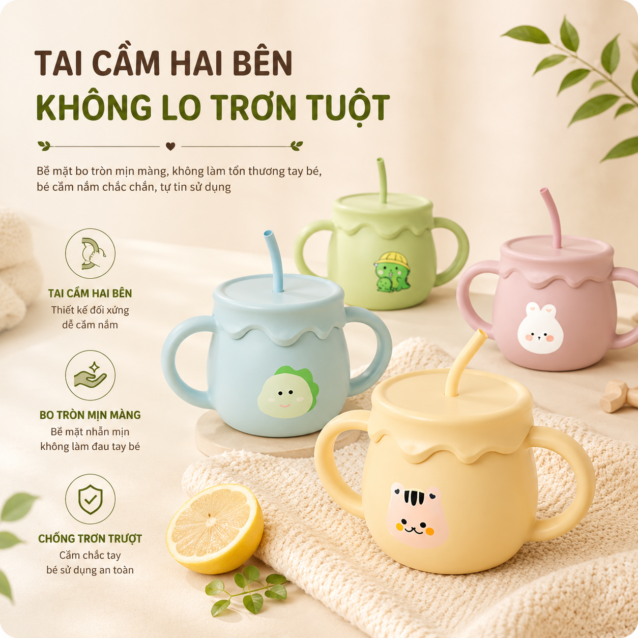 Cốc tập hút, cốc tập uống nước bằng silicon cho bé KidsWorld có chức năng đẩy nắp đậy tiện lợi dung tích 250ml