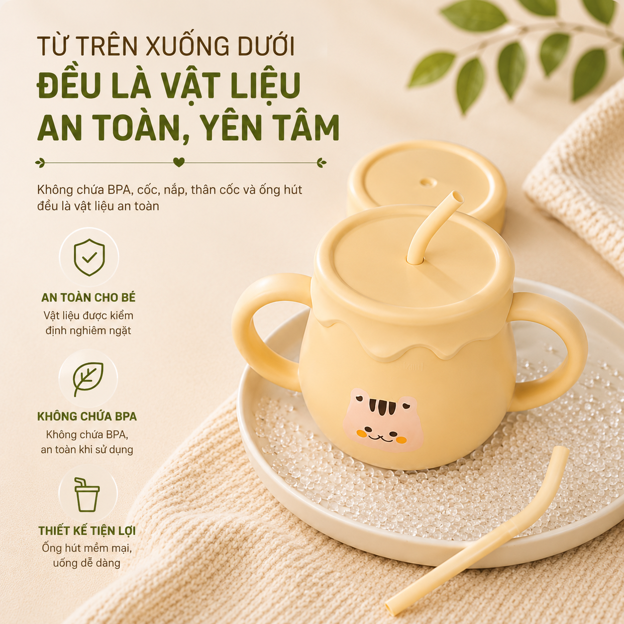 Cốc tập hút, cốc tập uống nước bằng silicon cho bé KidsWorld có chức năng đẩy nắp đậy tiện lợi dung tích 250ml