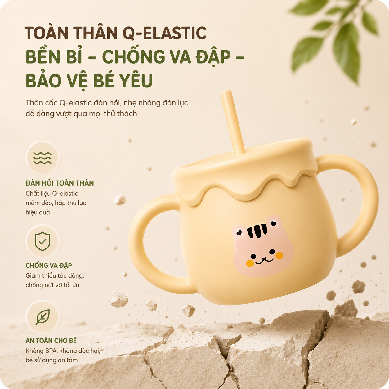 Cốc tập hút, cốc tập uống nước bằng silicon cho bé KidsWorld có chức năng đẩy nắp đậy tiện lợi dung tích 250ml