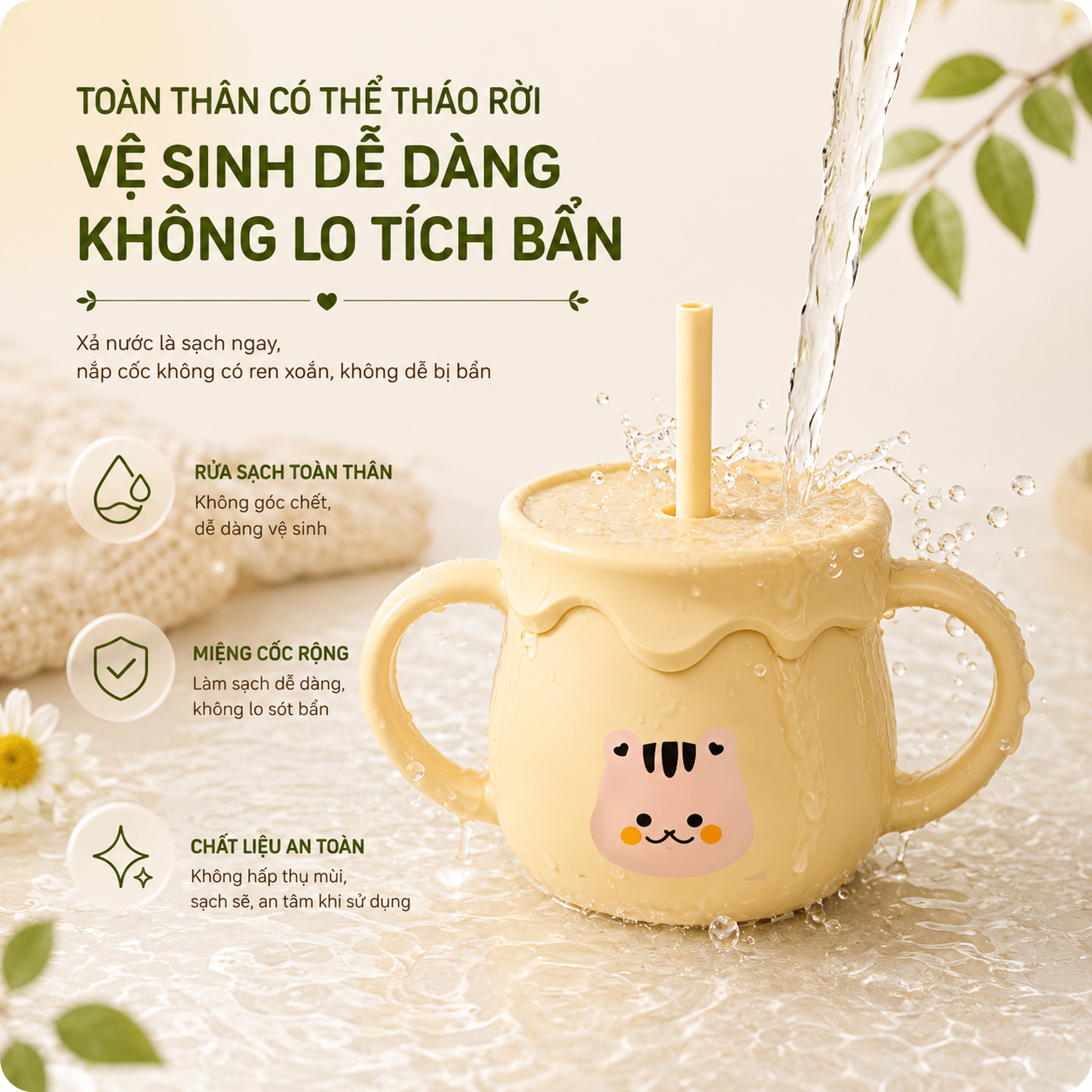 Cốc tập hút, cốc tập uống nước bằng silicon cho bé KidsWorld có chức năng đẩy nắp đậy tiện lợi dung tích 250ml