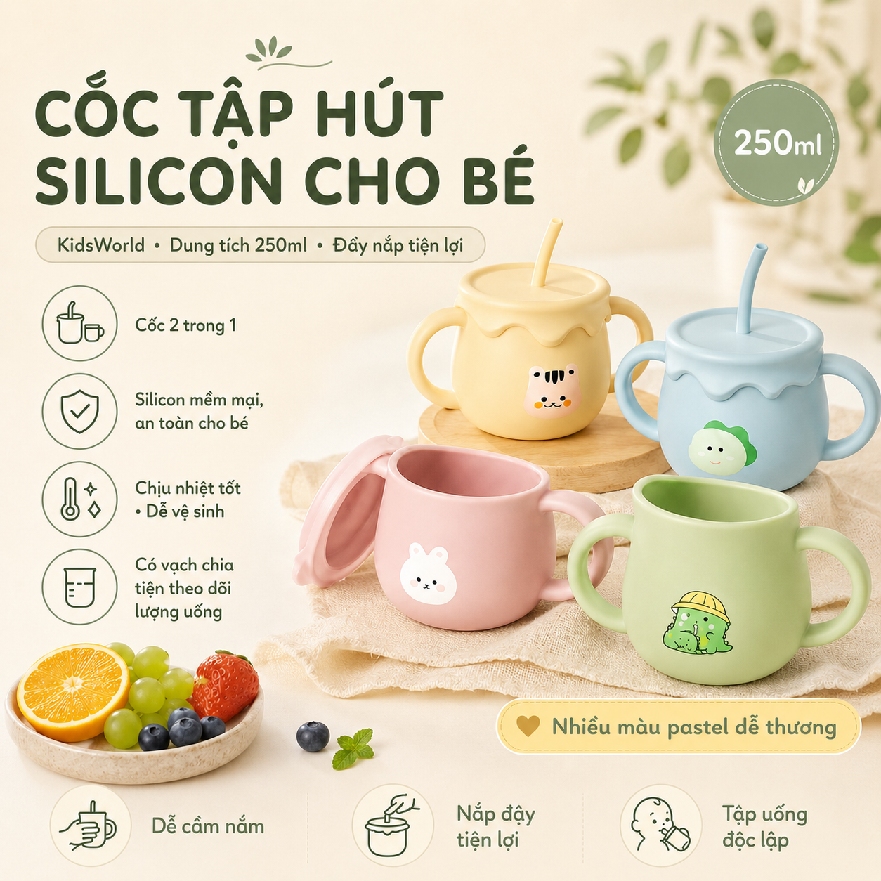 Cốc tập hút, cốc tập uống nước bằng silicon cho bé KidsWorld có chức năng đẩy nắp đậy tiện lợi dung tích 250ml