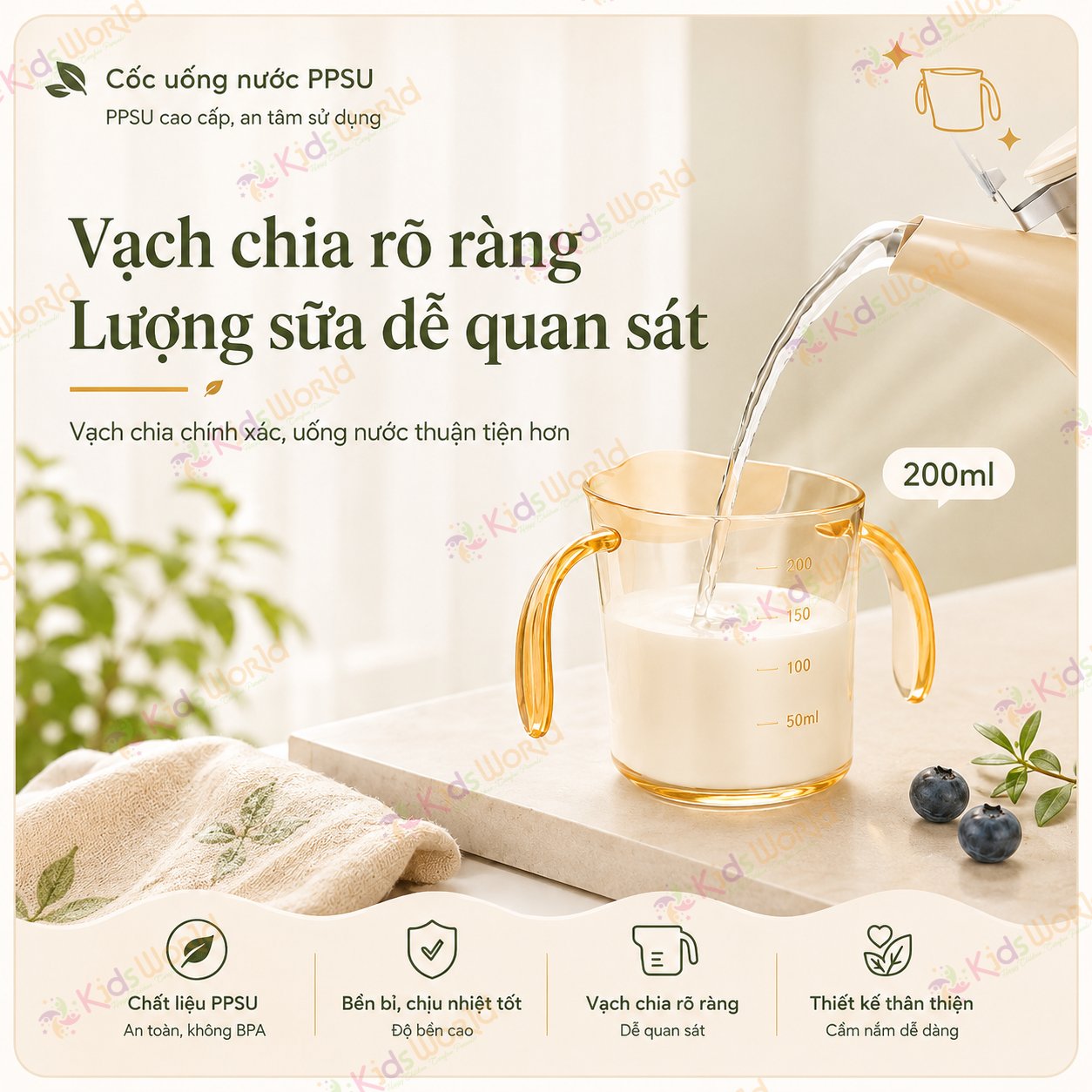 Cốc tập uống cho bé KidsWorld chất liệu PPSU thiết kế miệng vát 60° chống sặc, có vạch chia ml, tay cầm đôi, chịu nhiệt cao 200ml