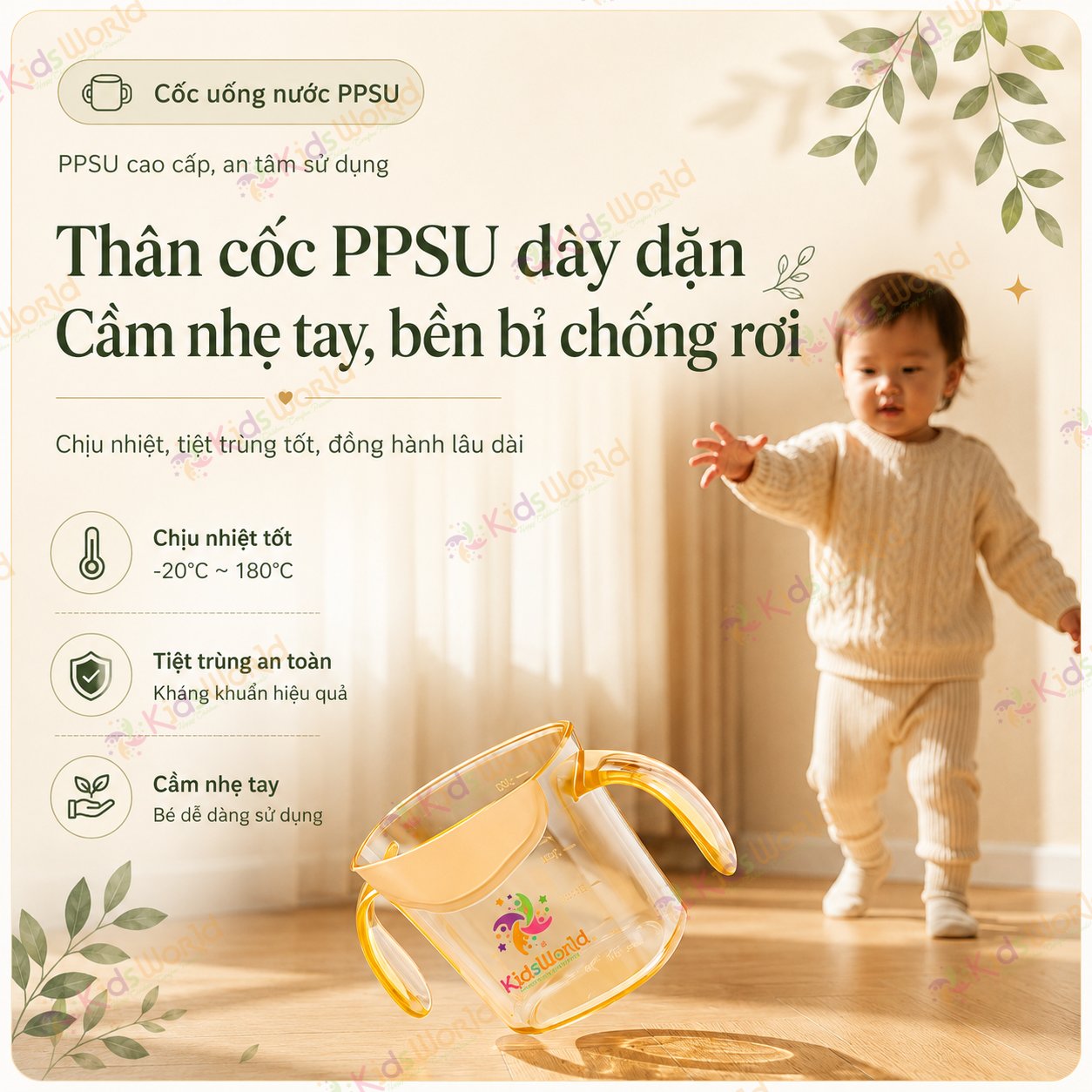 Cốc tập uống cho bé KidsWorld chất liệu PPSU thiết kế miệng vát 60° chống sặc, có vạch chia ml, tay cầm đôi, chịu nhiệt cao 200ml