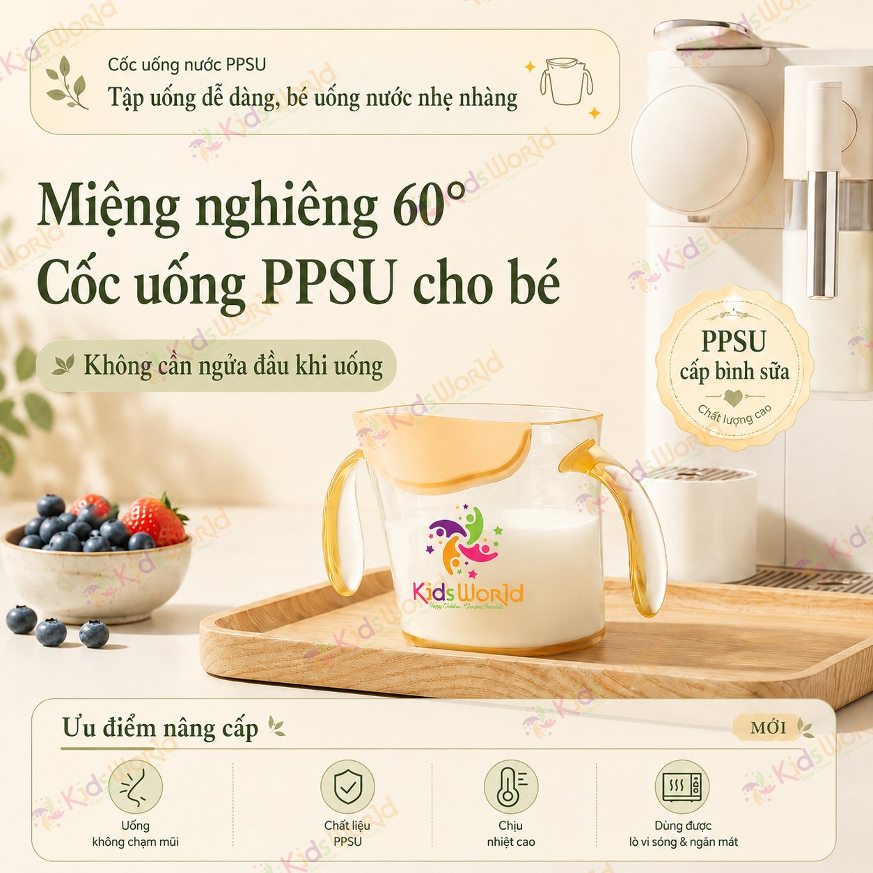 Cốc tập uống cho bé KidsWorld chất liệu PPSU thiết kế miệng vát 60° chống sặc, có vạch chia ml, tay cầm đôi, chịu nhiệt cao 200ml