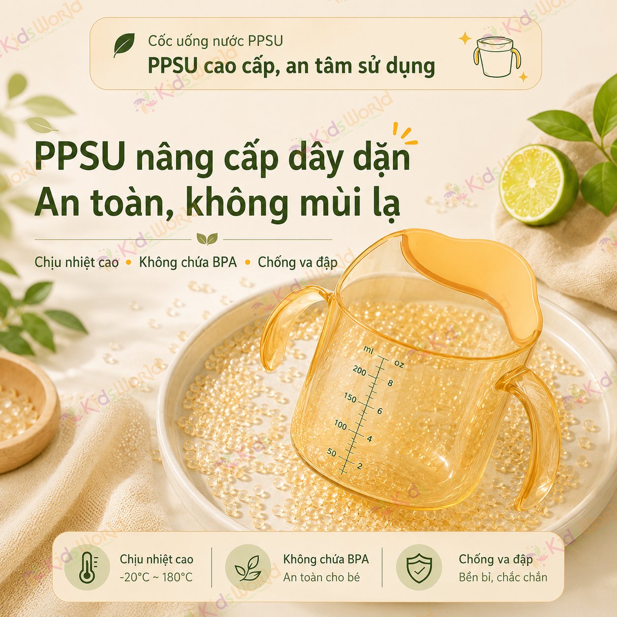 Cốc tập uống cho bé KidsWorld chất liệu PPSU thiết kế miệng vát 60° chống sặc, có vạch chia ml, tay cầm đôi, chịu nhiệt cao 200ml