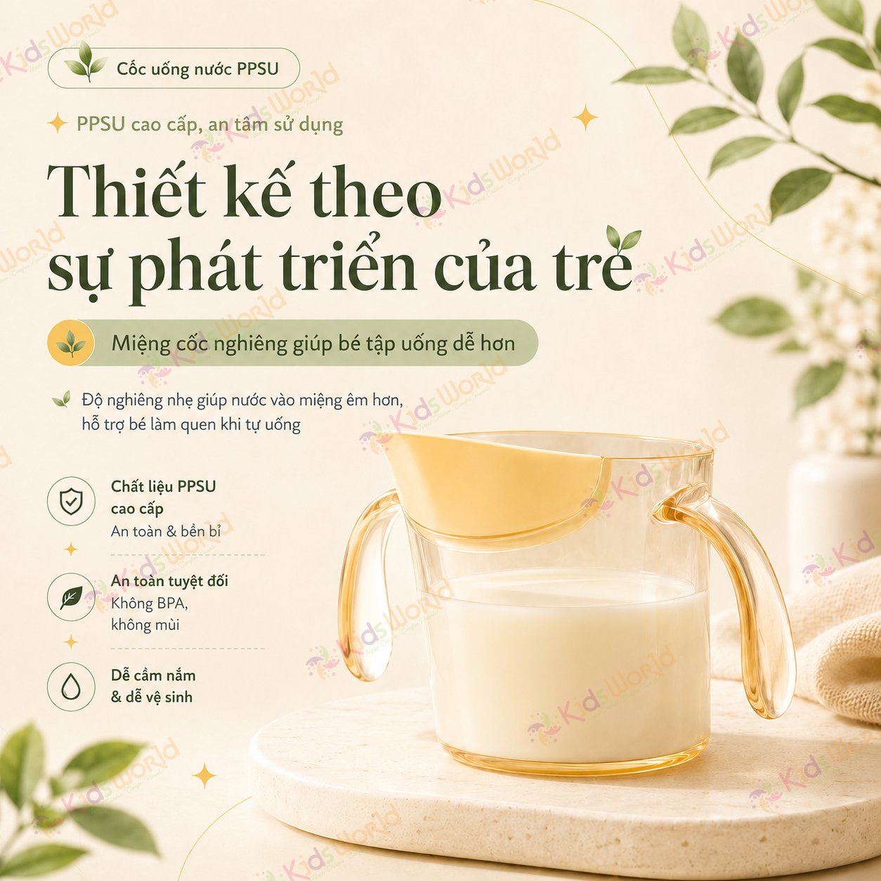Cốc tập uống cho bé KidsWorld chất liệu PPSU thiết kế miệng vát 60° chống sặc, có vạch chia ml, tay cầm đôi, chịu nhiệt cao 200ml