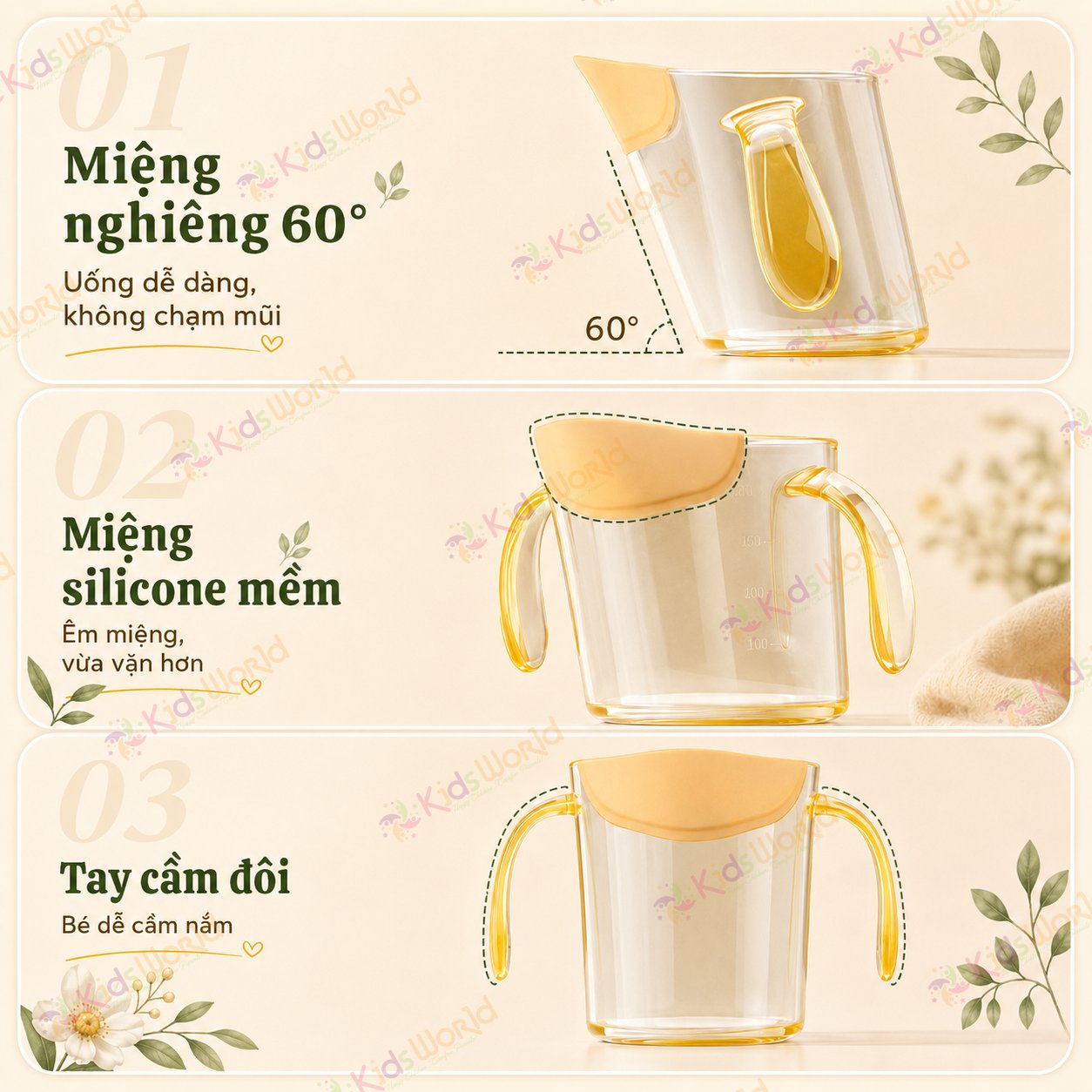 Cốc tập uống cho bé KidsWorld chất liệu PPSU thiết kế miệng vát 60° chống sặc, có vạch chia ml, tay cầm đôi, chịu nhiệt cao 200ml