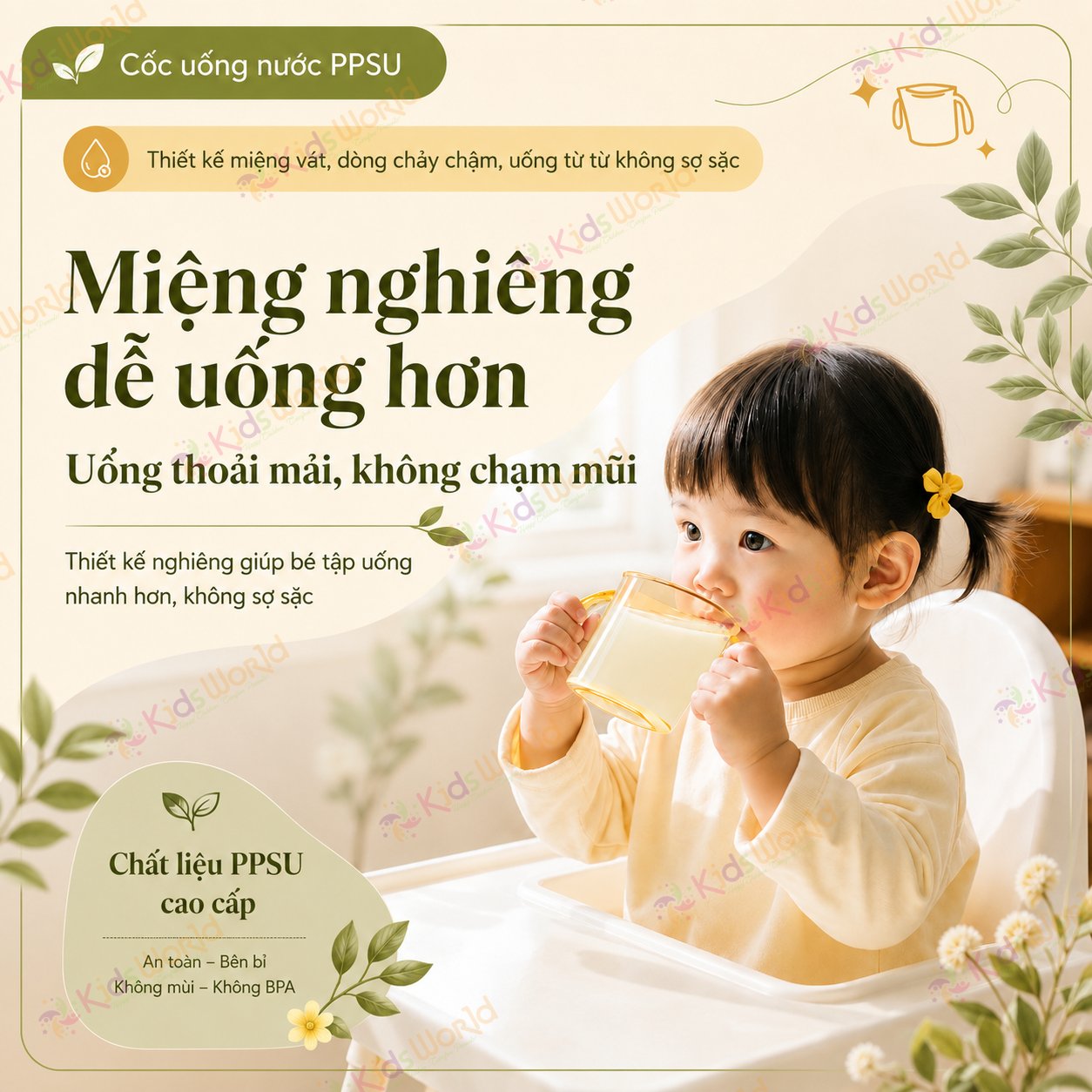 Cốc tập uống cho bé KidsWorld chất liệu PPSU thiết kế miệng vát 60° chống sặc, có vạch chia ml, tay cầm đôi, chịu nhiệt cao 200ml