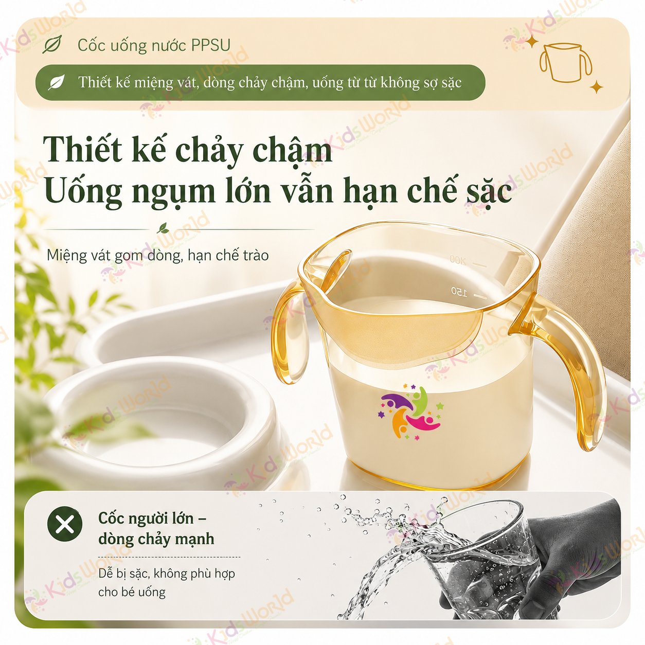 Cốc tập uống cho bé KidsWorld chất liệu PPSU thiết kế miệng vát 60° chống sặc, có vạch chia ml, tay cầm đôi, chịu nhiệt cao 200ml