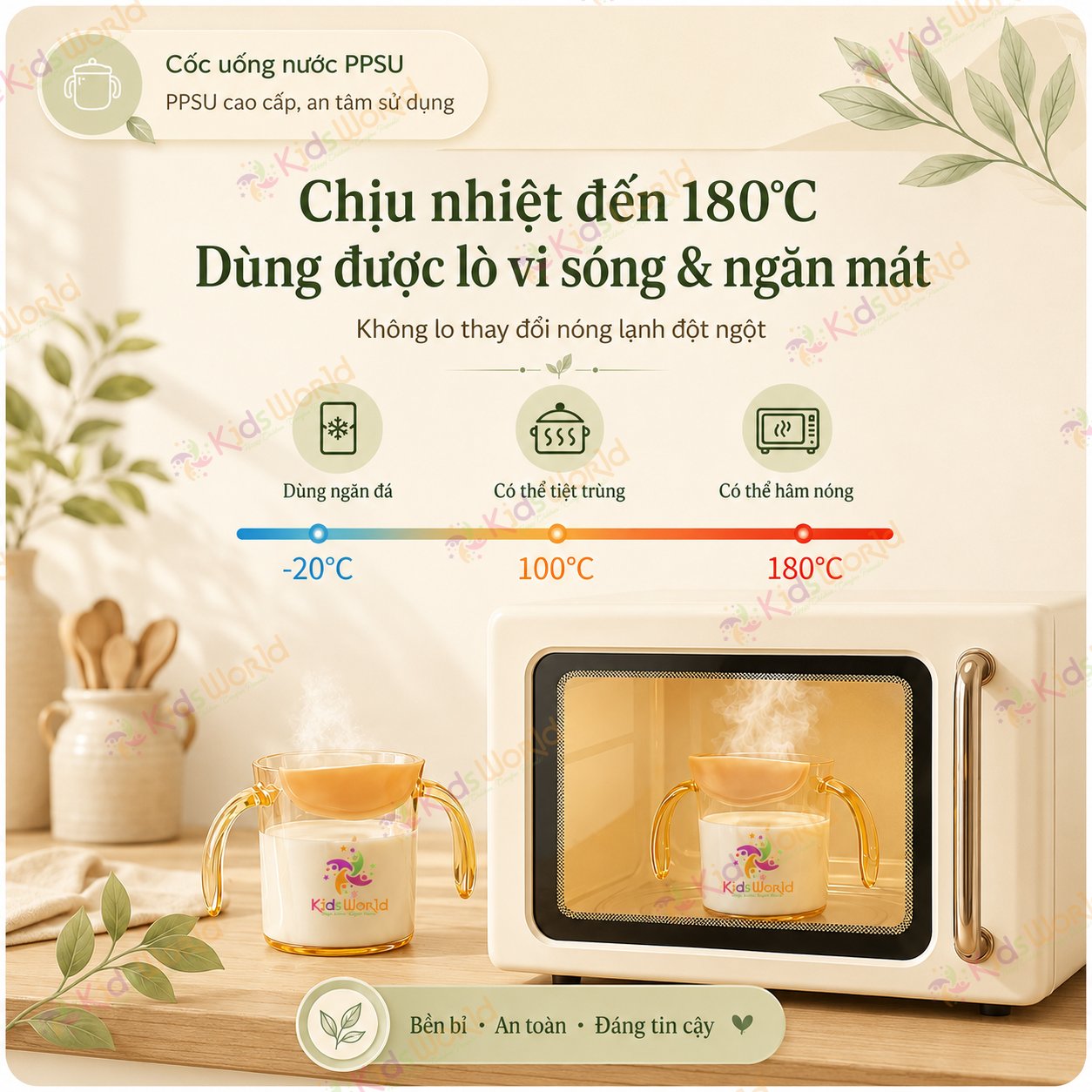 Cốc tập uống cho bé KidsWorld chất liệu PPSU thiết kế miệng vát 60° chống sặc, có vạch chia ml, tay cầm đôi, chịu nhiệt cao 200ml