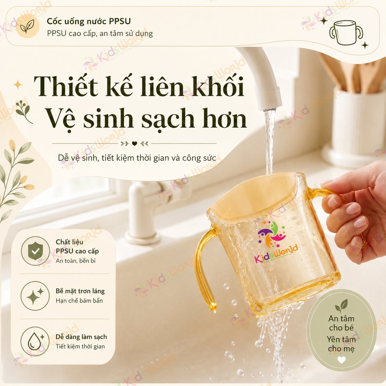 Cốc tập uống cho bé KidsWorld chất liệu PPSU thiết kế miệng vát 60° chống sặc, có vạch chia ml, tay cầm đôi, chịu nhiệt cao 200ml