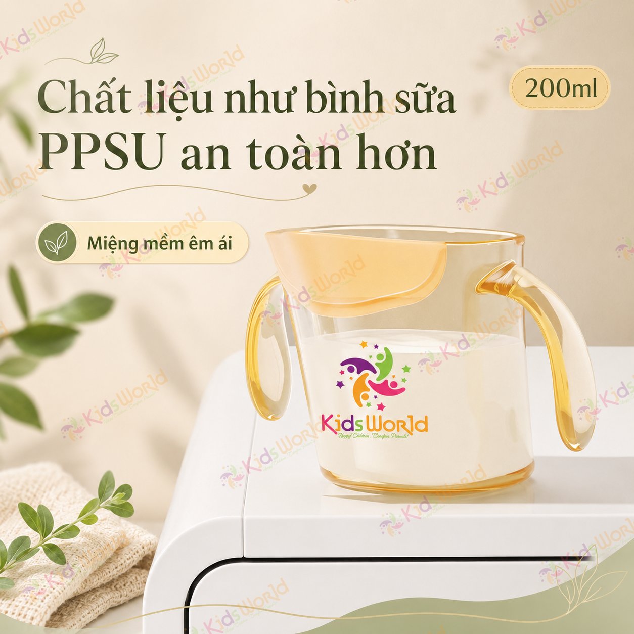 Cốc tập uống cho bé KidsWorld chất liệu PPSU thiết kế miệng vát 60° chống sặc, có vạch chia ml, tay cầm đôi, chịu nhiệt cao 200ml