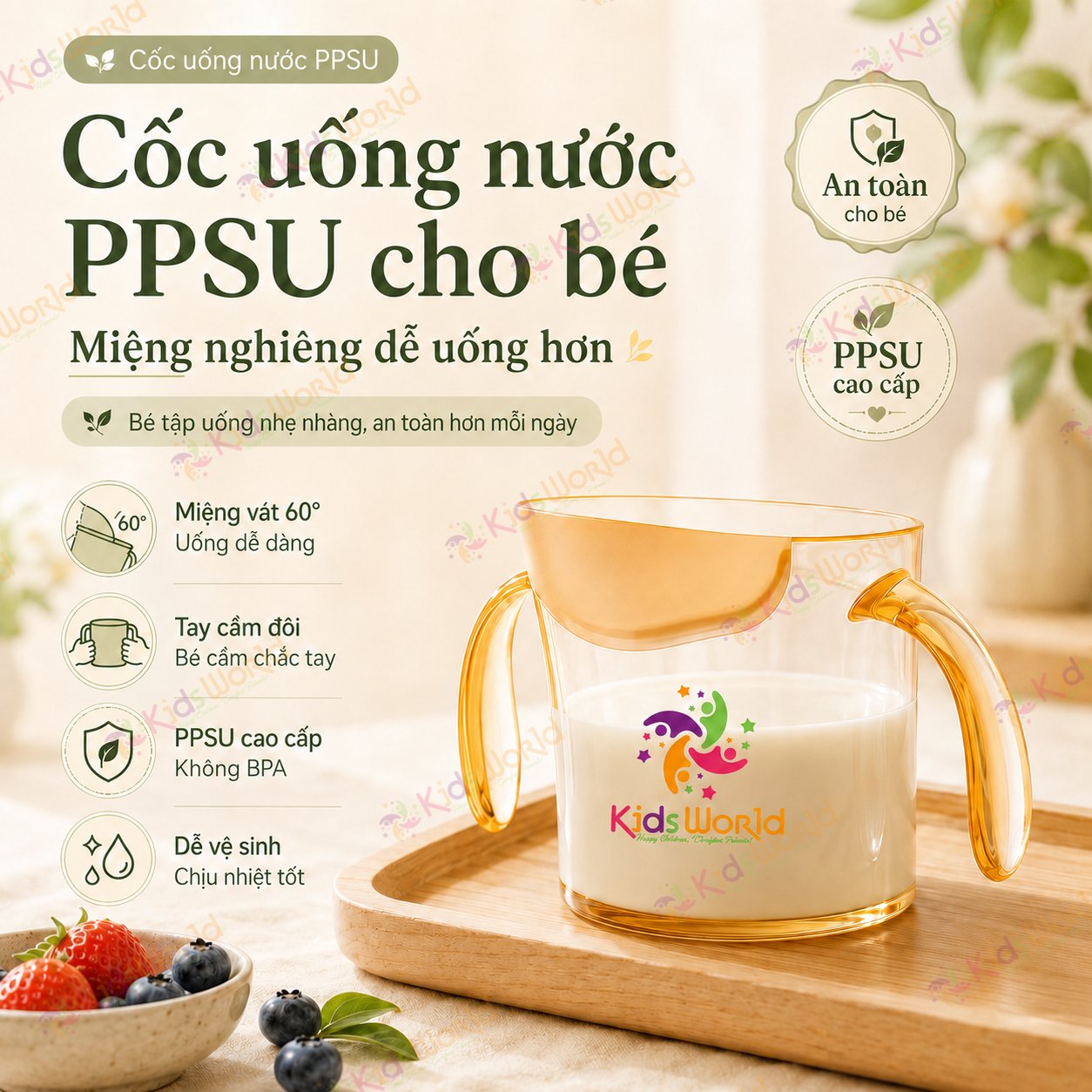 Cốc tập uống cho bé KidsWorld chất liệu PPSU thiết kế miệng vát 60° chống sặc, có vạch chia ml, tay cầm đôi, chịu nhiệt cao 200ml