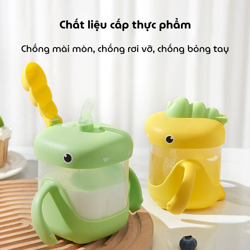 Cốc uống nước khủng long dung tích 300ml ống hút chống sặc tay cầm silicon chống trượt bình uống nước cho bé từ 8 tháng