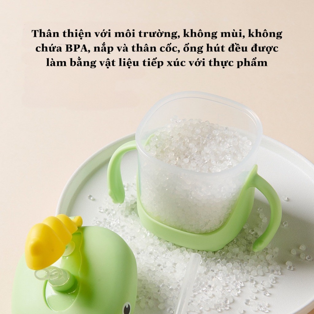 Cốc uống nước khủng long dung tích 300ml ống hút chống sặc tay cầm silicon chống trượt bình uống nước cho bé từ 8 tháng