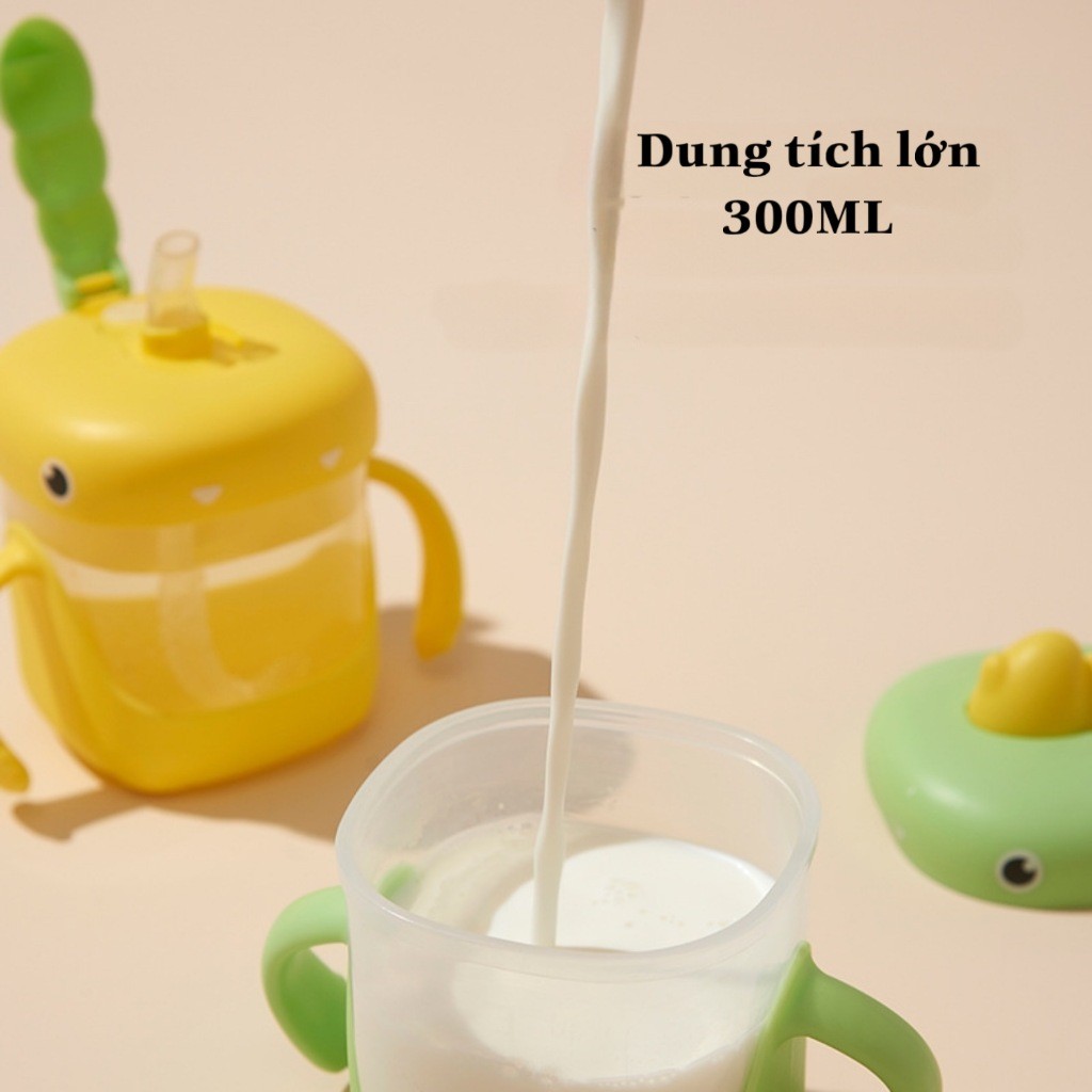 Cốc uống nước khủng long dung tích 300ml ống hút chống sặc tay cầm silicon chống trượt bình uống nước cho bé từ 8 tháng